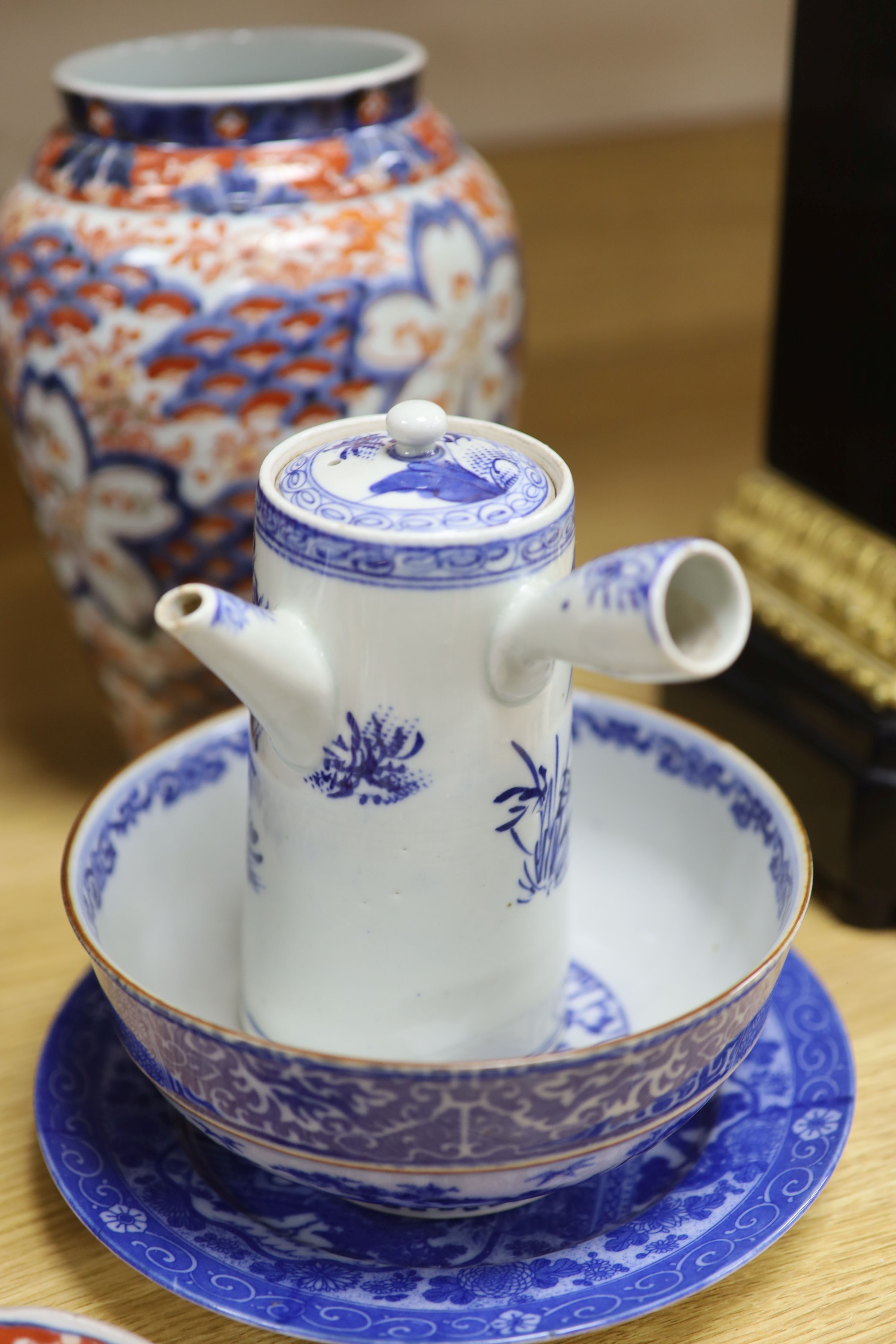 Three Japanese Imari vases, a plate and other Japanese ceramics